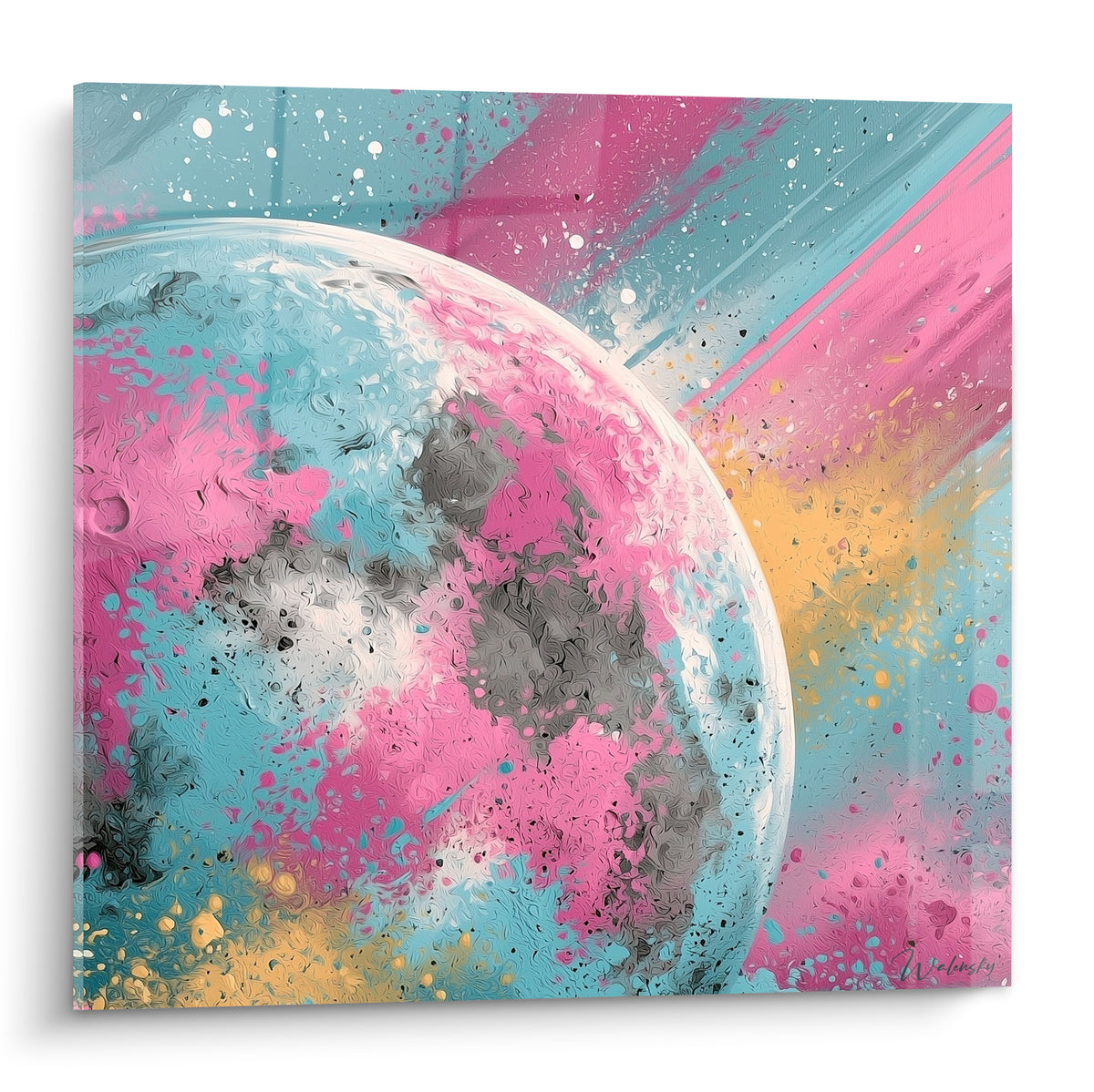 Planète lunaire éclatée en rose fuchsia et bleu turquoise, texture empâtée façon cratères peints