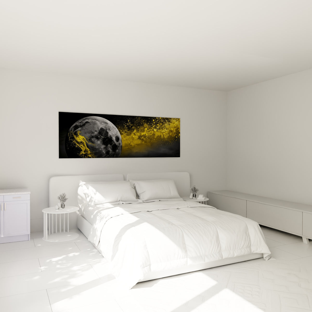 Cratères lunaires gris et éclats jaune fauve accrochés au-dessus d'un lit dans une chambre claire