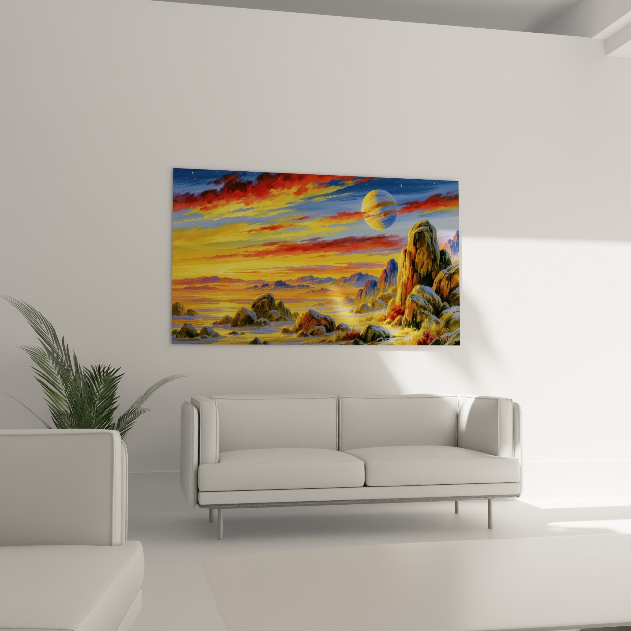 Lune bleutée flottant sur fond de rochers ocre, accrochée au-dessus d'un canapé dans un salon lumineux