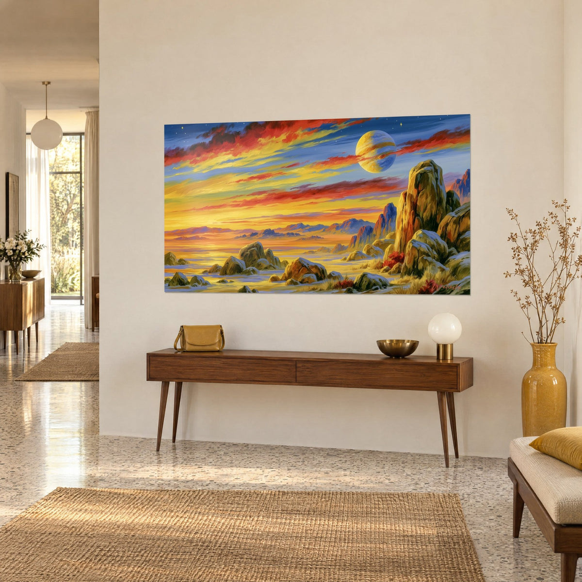 Quadro mondo lontano con fasce blu e dorate, fiamme rosse tra le nuvole, vette viola, visto di tre quarti su una console in legno
