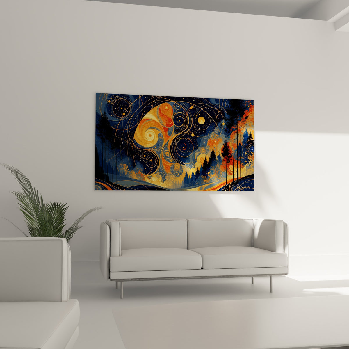 Motifs fauve et ocre s'enroulent en spirales lumineuses au-dessus d'un canapé dans un salon lumineux
