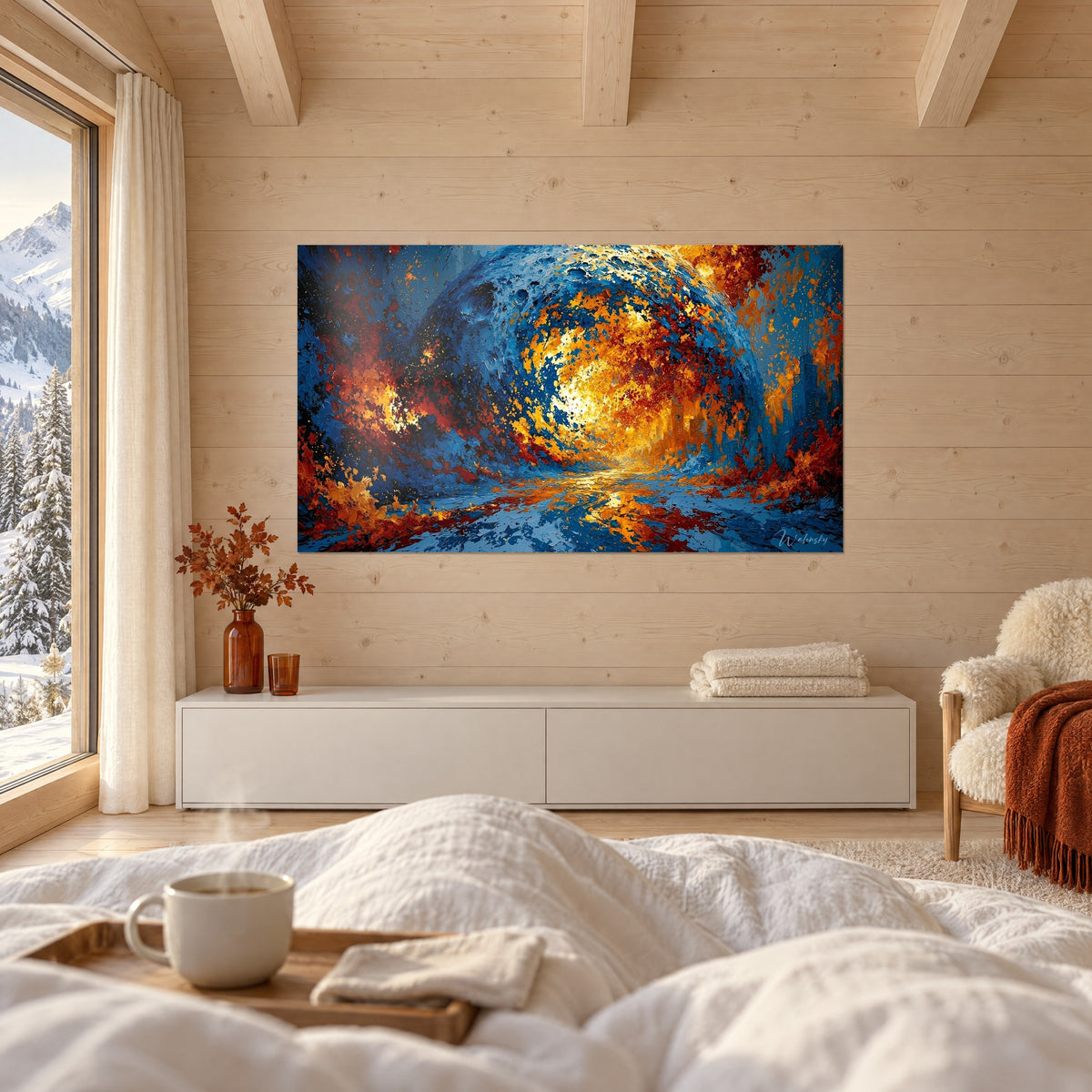 Tableau lune cratérisée cernée de volutes orange et rouge brique, éclat jaune au centre, au-dessus d'un lit dans une chambre claire