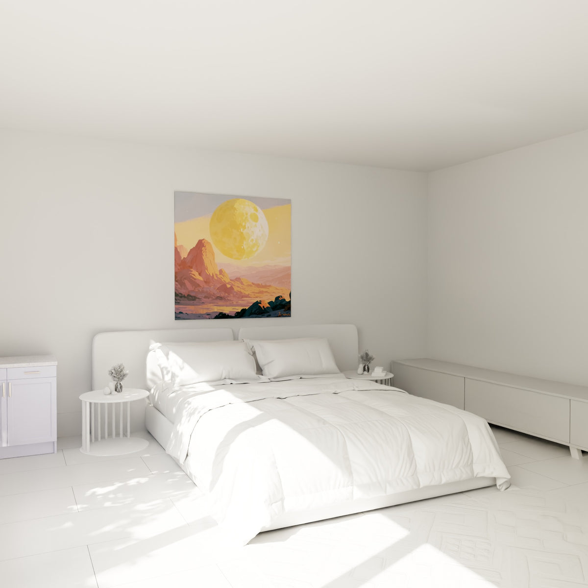 Désert mauve et lune dorée du tableau Planète, accroché au-dessus d'un lit dans une chambre claire.