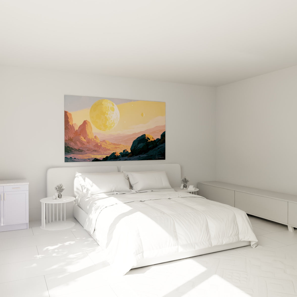 Sphère lunaire ocre et rochers anthracite d'une planète imaginaire, au-dessus d'un lit dans une chambre claire