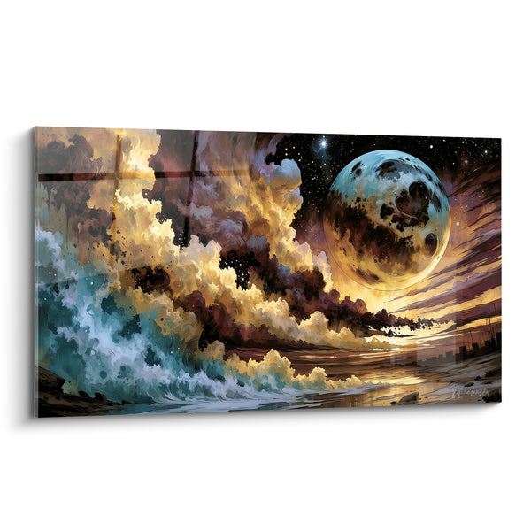 Tableau Lune dorée aux vagues turquoise - Marée céleste - Edition Planète