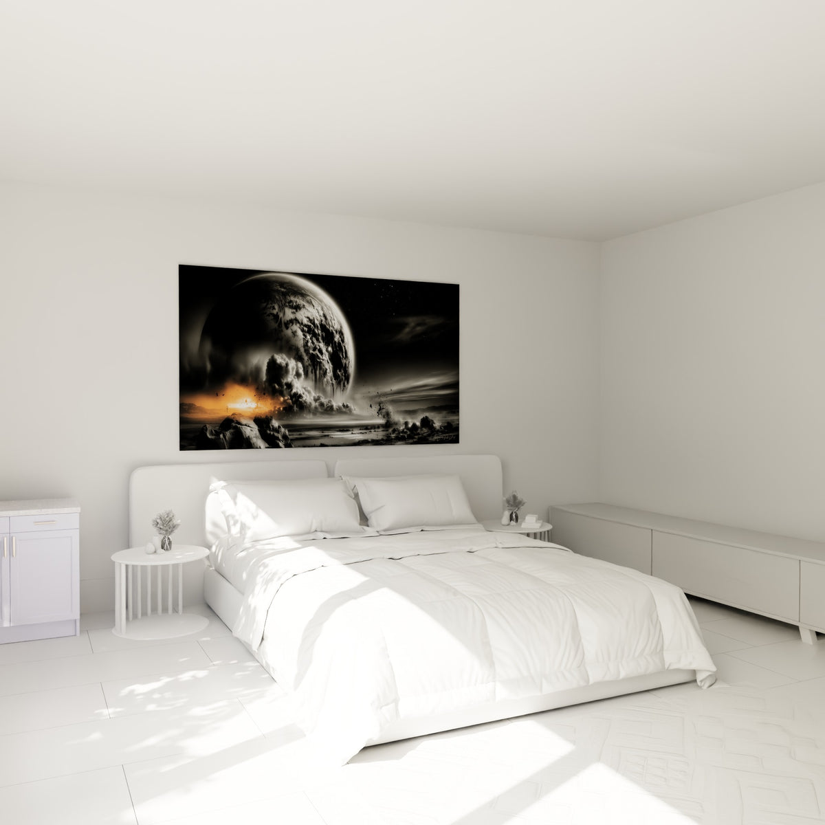 Planète massive et fumée orange incandescente au-dessus d'un lit dans une chambre claire