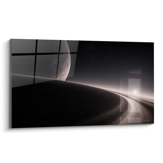Lune grise texturée surplombant une dune noire sous ciel étoilé, tableau Planète style spatial