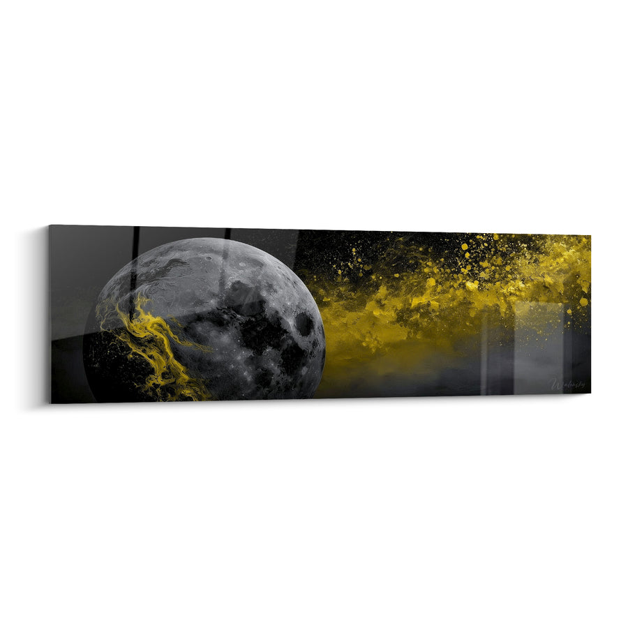 Tableau Sphère grise et jaune aux éclaboussures nébuleuses - Cratères lunaires détaillés - Edition Planète