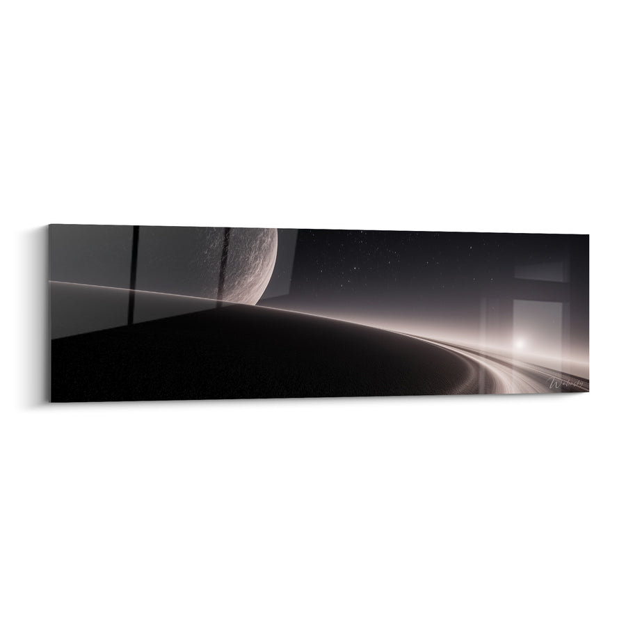 Tableau Lune grise et noire sur horizon incurvé - Ciel étoilé lointain - Edition Planète