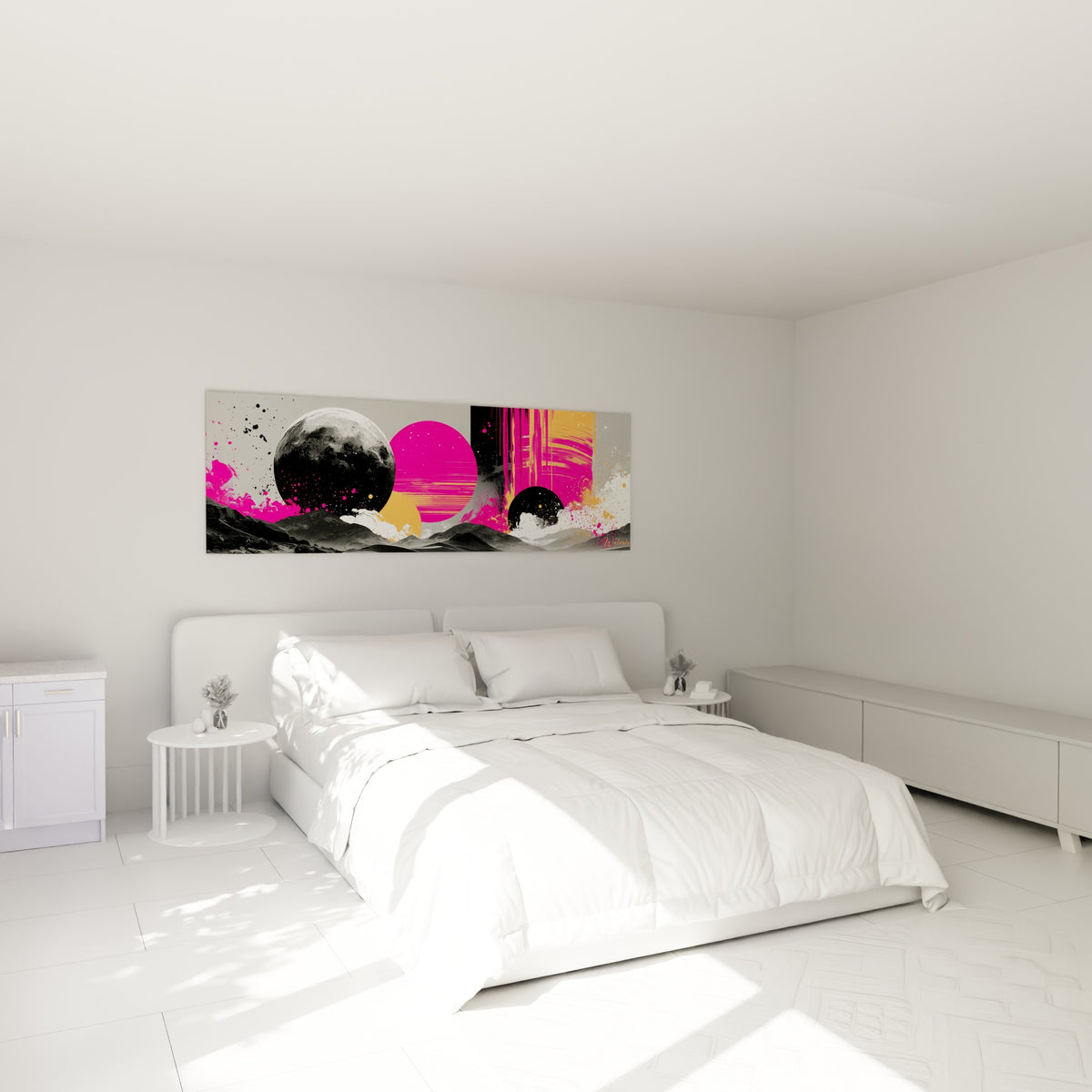 Planète rose fuchsia et lune grise texturée accrochées au-dessus d'un lit dans une chambre claire