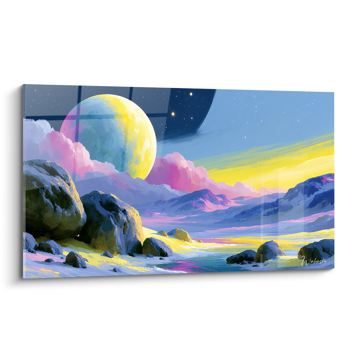 Sphère lunaire jaune et bleu turquoise flottant dans un ciel rose au-dessus de rochers anthracite