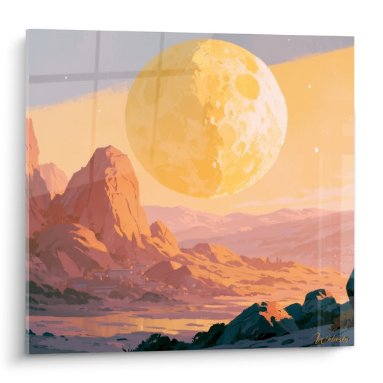Lune ocre géante et roches mauves d'un désert peint, tableau Planète aux tons dorés et terracotta.