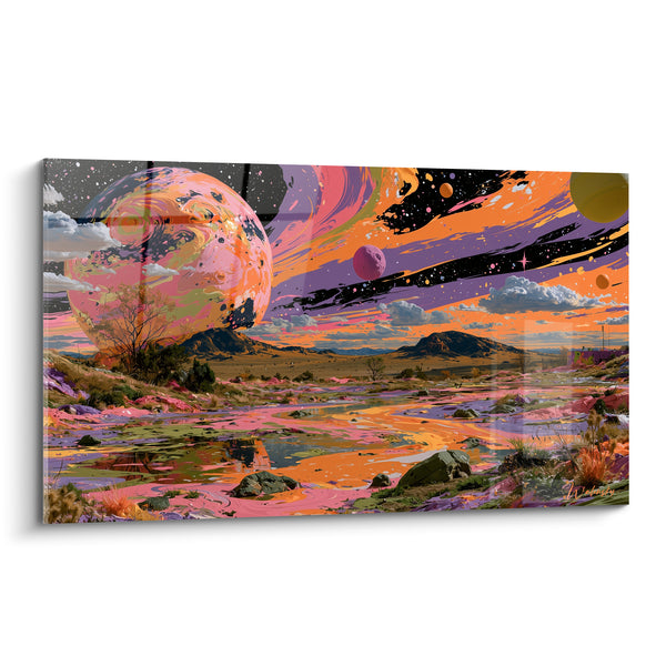 Tableau Rivière sinueuse rose et mauve aux rochers épars - Petites lunes lointaines - Edition Planète