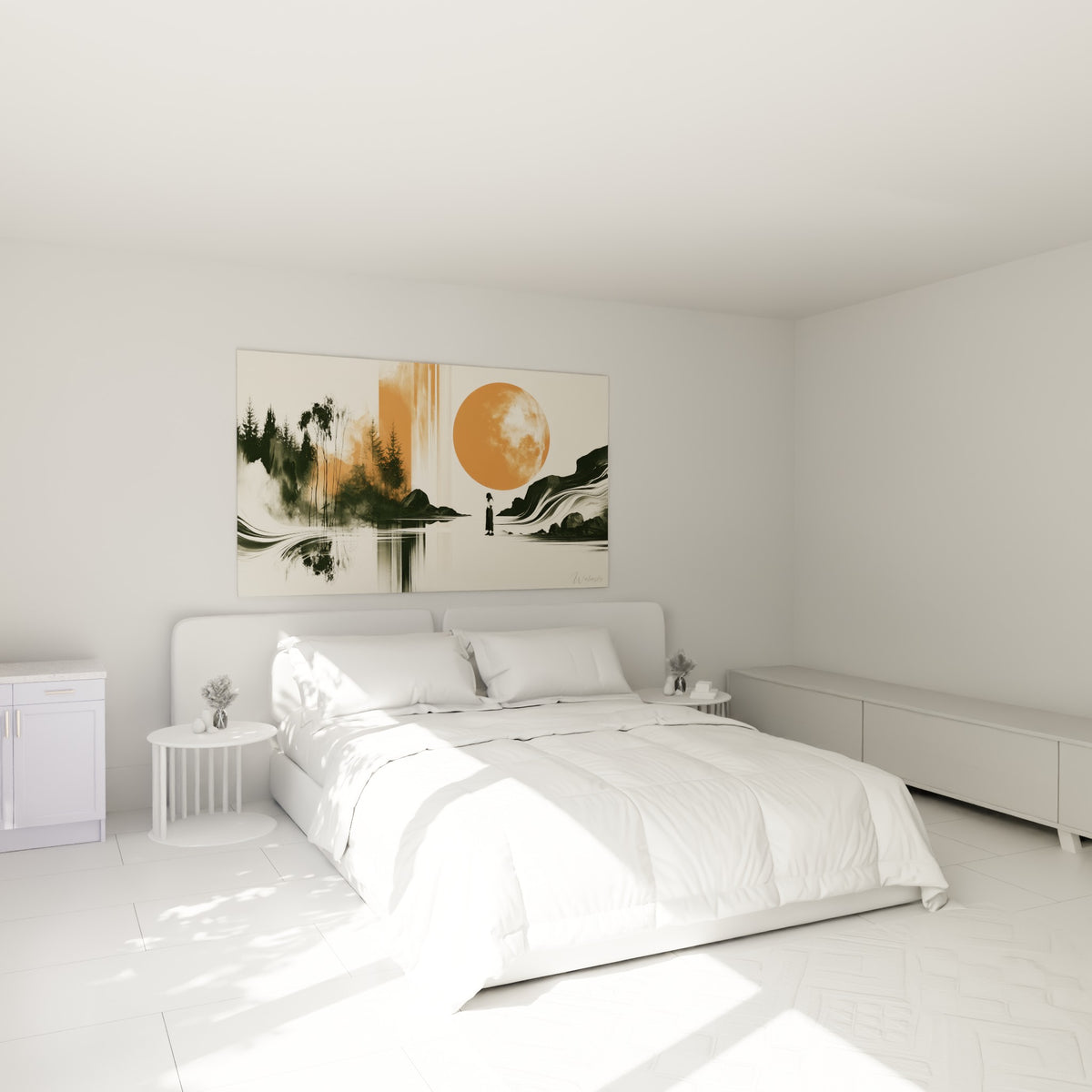 Astre orange géant et silhouette solitaire en noir, tableau Planète au-dessus d'un lit dans une chambre claire