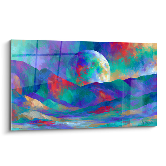 Lune multicolore turquoise et violette surplombant des montagnes peintes à l'empâtement
