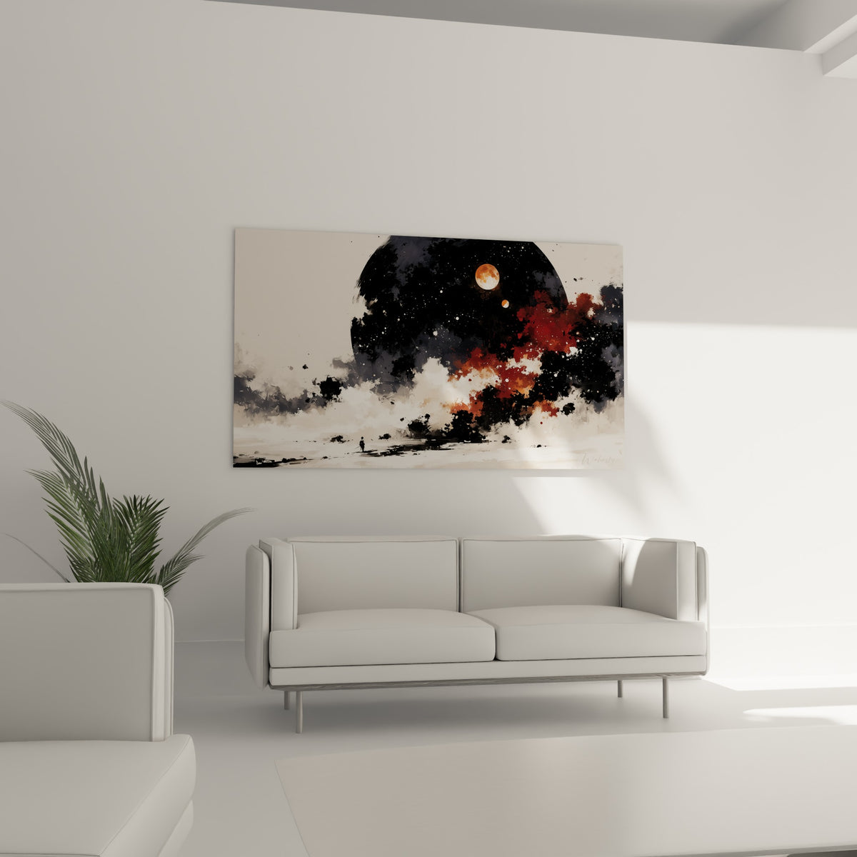 Planète sombre entourée de lunes orangées surplombant un canapé dans un salon lumineux