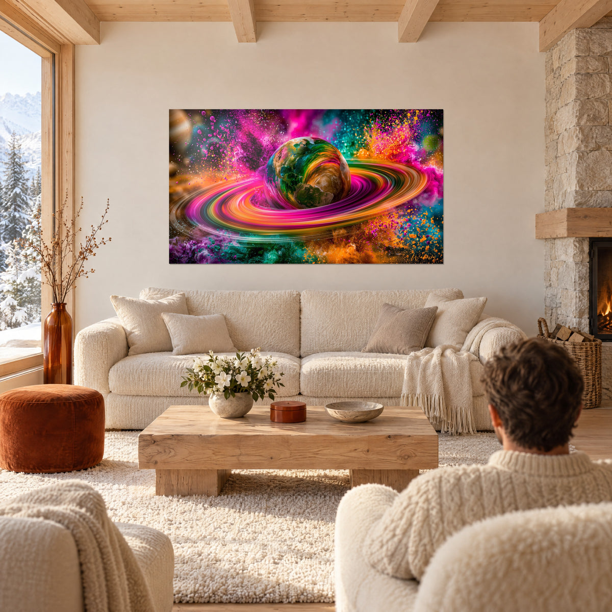 Tableau globe terrestre vert et or cerclé d'anneaux rose fuchsia et orange, poudre colorée, au-dessus d'un canapé dans un salon lumineux