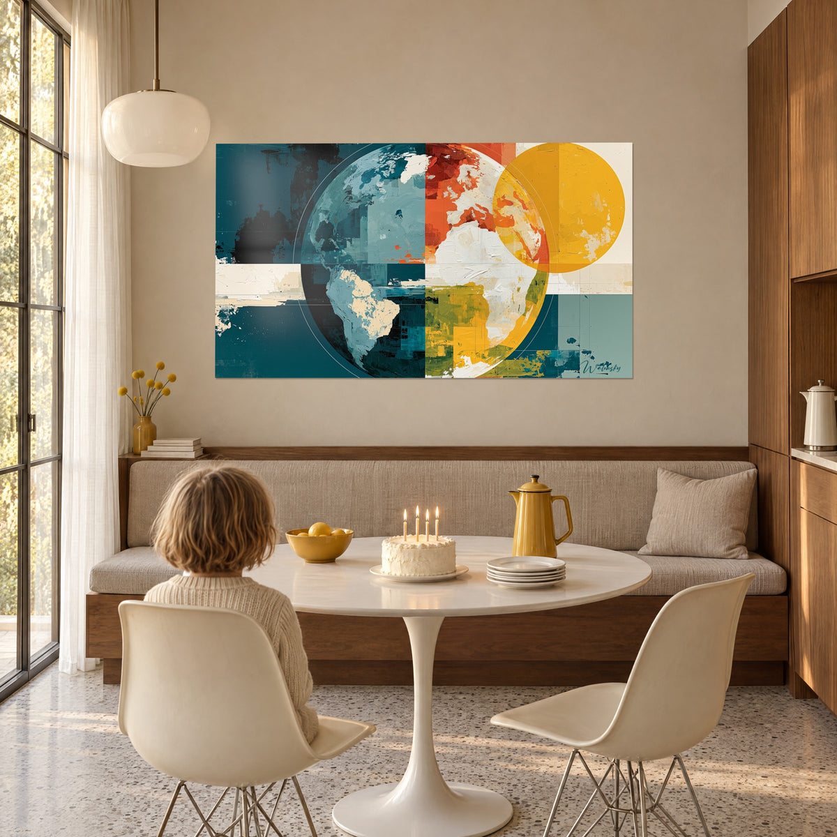 Πίνακας stylized κόσμος, Νότια Αμερική μπεζ σε φόντο πάπιας μπλε και πορτοκαλί, παιδικό πάρτι γενεθλίων σε σαλόνι