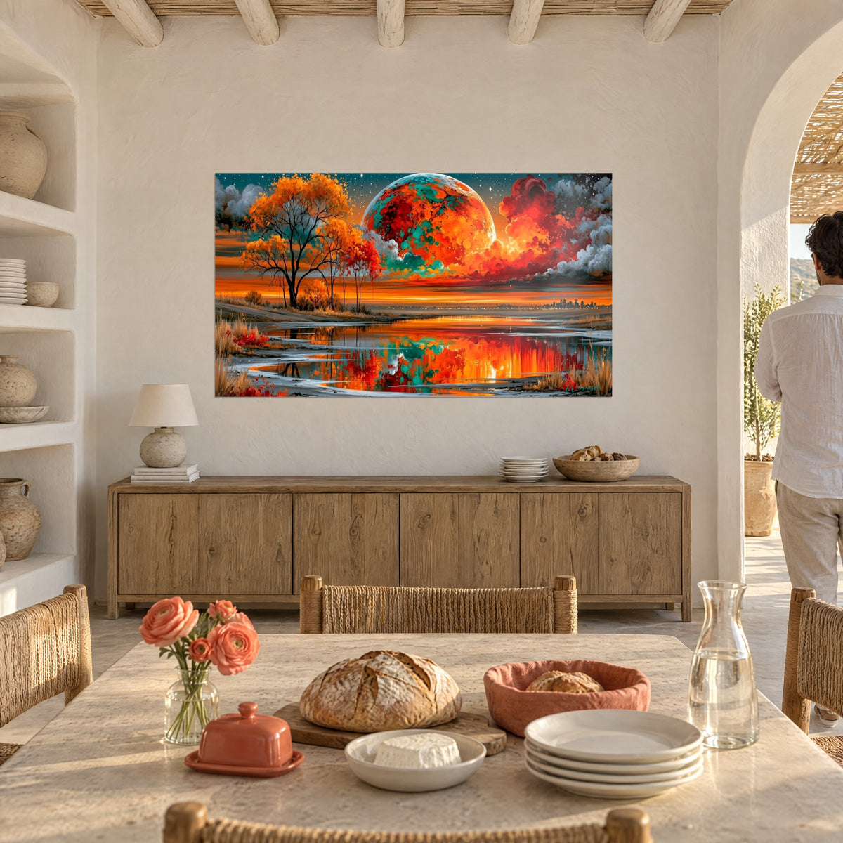Tableau paysage de marais sous un astre géant orange et turquoise, nuages gris et rouges, homme de dos près d'une salle à manger en pierre