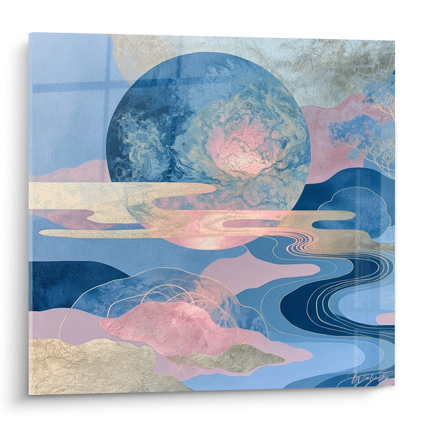 Tableau Planète marbrée bleu et rose sur collines dorées - Aube céleste - Edition Planète