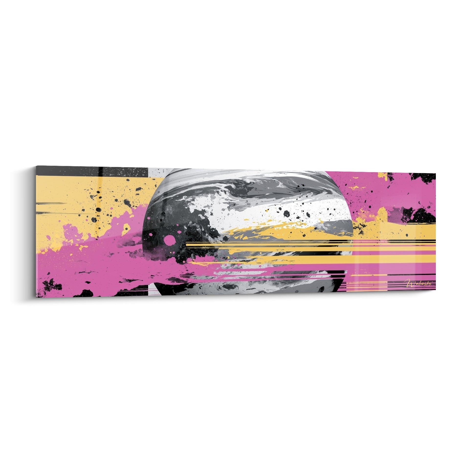 Planète marbrée gris anthracite éclaboussée de rose fuchsia et jaune doré sur fond blanc