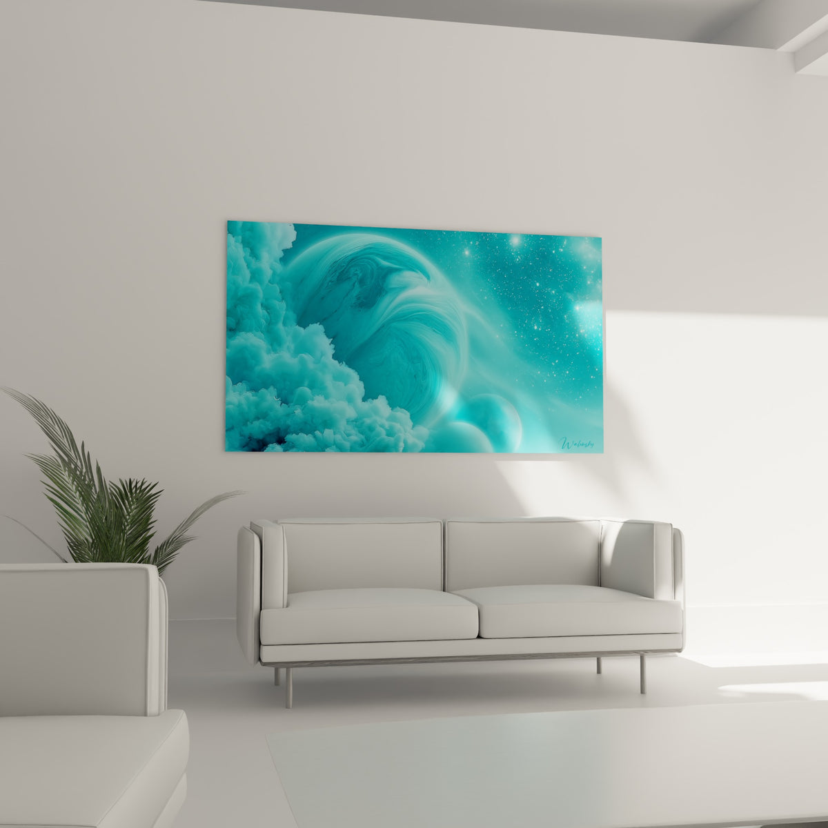 Planète marbrée bleu givré et anthracite installée au-dessus d'un canapé dans un salon lumineux