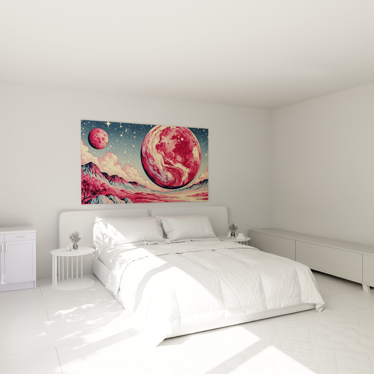Sphère céleste rouge grenat et crème surplombant des montagnes roses, au-dessus d'un lit dans une chambre claire