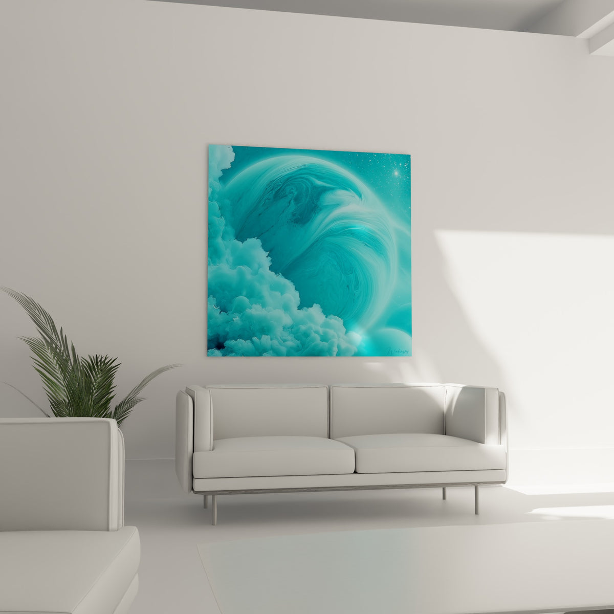 Globe marbré turquoise et bleu ciel entouré de nuages denses au-dessus d'un canapé dans un salon lumineux
