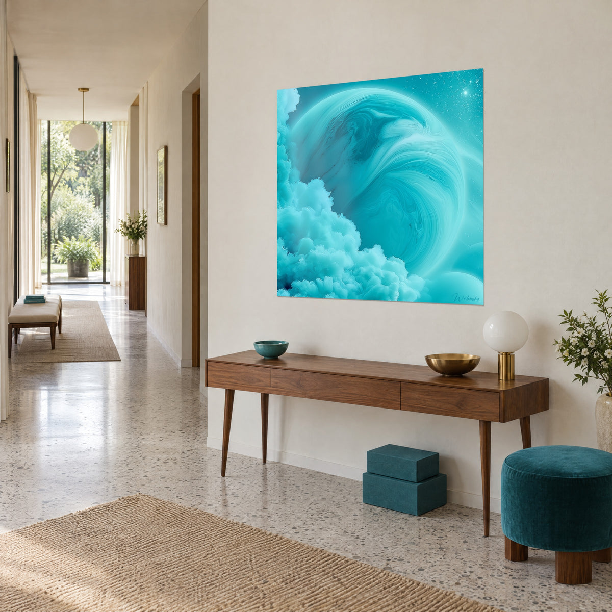 Gemälde himmlischer Globus mit cyan- und mintfarbenen Schaumspiralen und weichen Wolken links, dreiviertel Ansicht auf einer Konsole aus Nussbaum