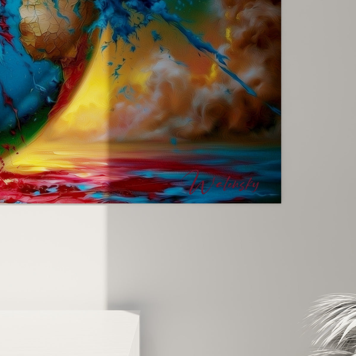 Empâtements de peinture rouge, doré et bleu se mêlant en coulures denses sur la surface du tableau accroché