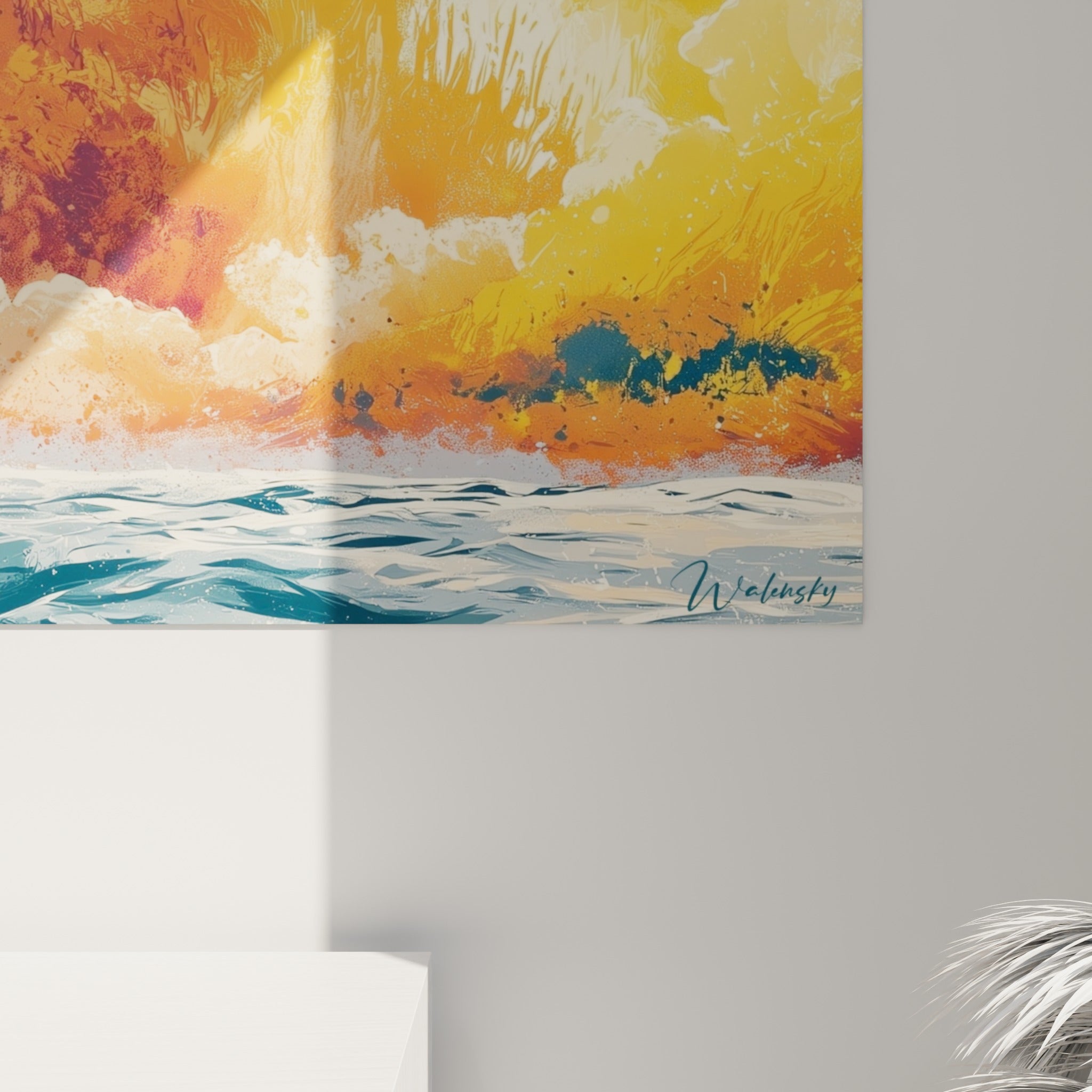 Matière picturale empâtée de la planète orange révélant coulures jaunes et touches bleu marine