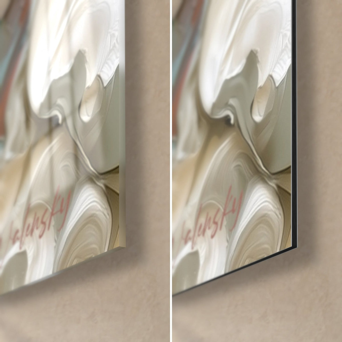 Tableau planète aux volutes crème et rouge, coin bas droit : verre acrylique brillant à gauche, Dibond mat à droite, tranche de 3 mm