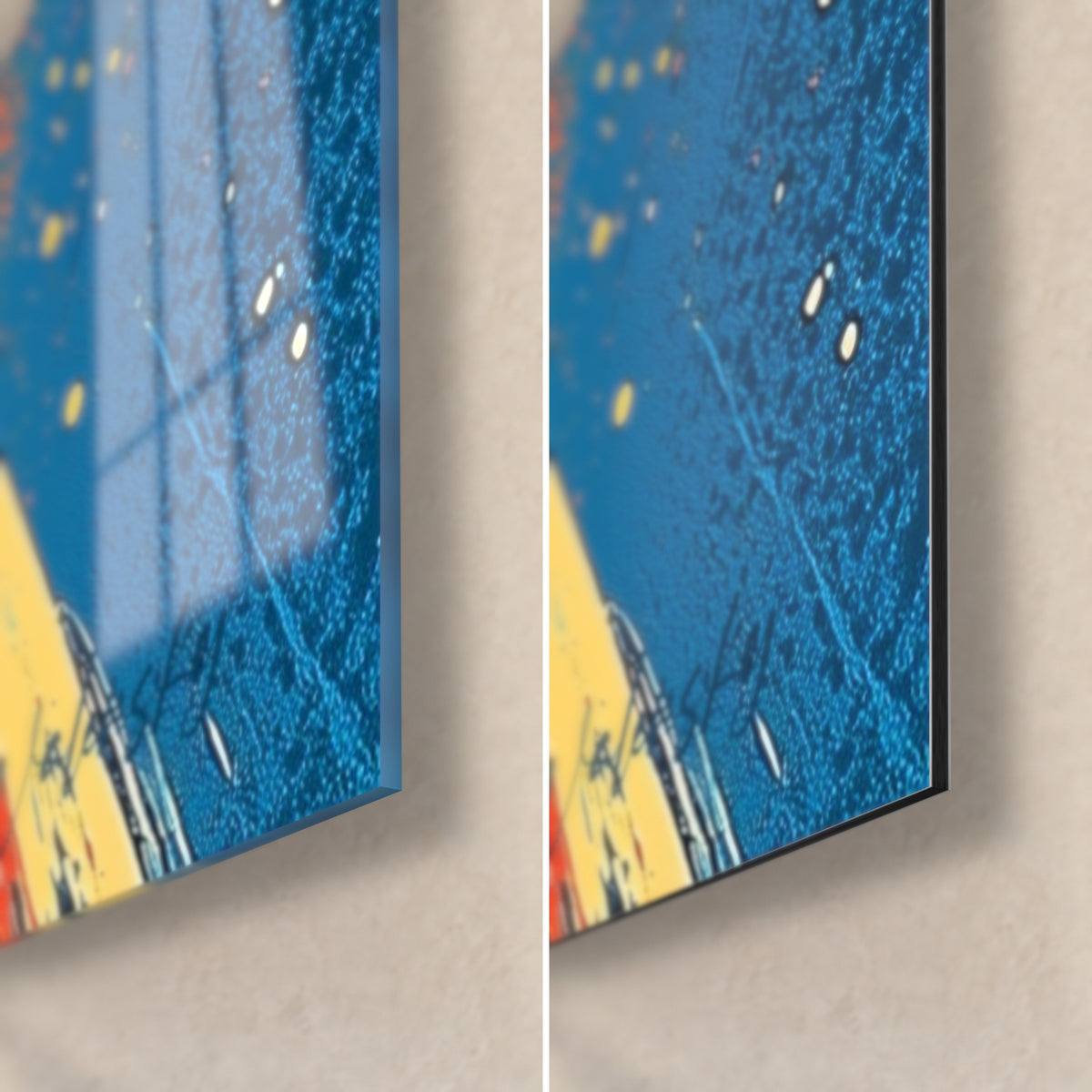 Tableau Terre bleue et orange, coin bas droit : verre acrylique brillant aux reflets à gauche, alu Dibond mat à droite, tranche de 3 mm
