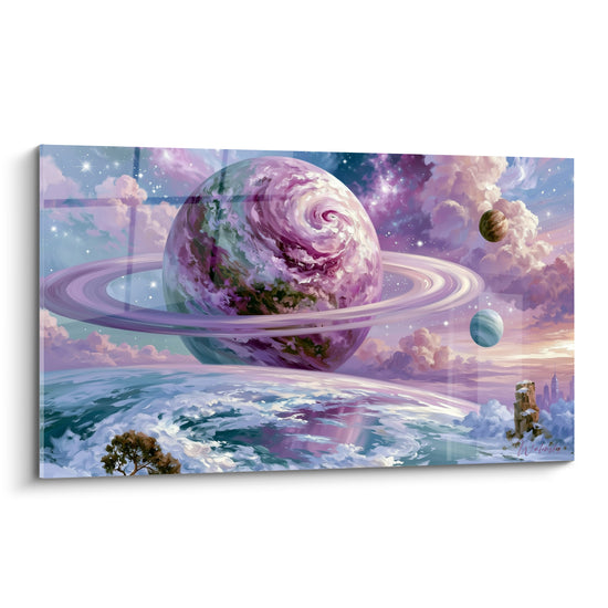 Planète mauve annelée flottant dans un ciel bleu pastel parsemé d'étoiles scintillantes