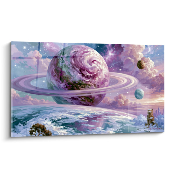 Tableau Planète mauve et blanche aux anneaux tourbillonnants - Arbre solitaire sur falaise - Edition Planète