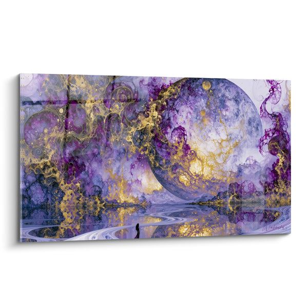 Tableau Planète violette et dorée aux volutes filigranées - Silhouette au bord de l'eau - Edition Planète