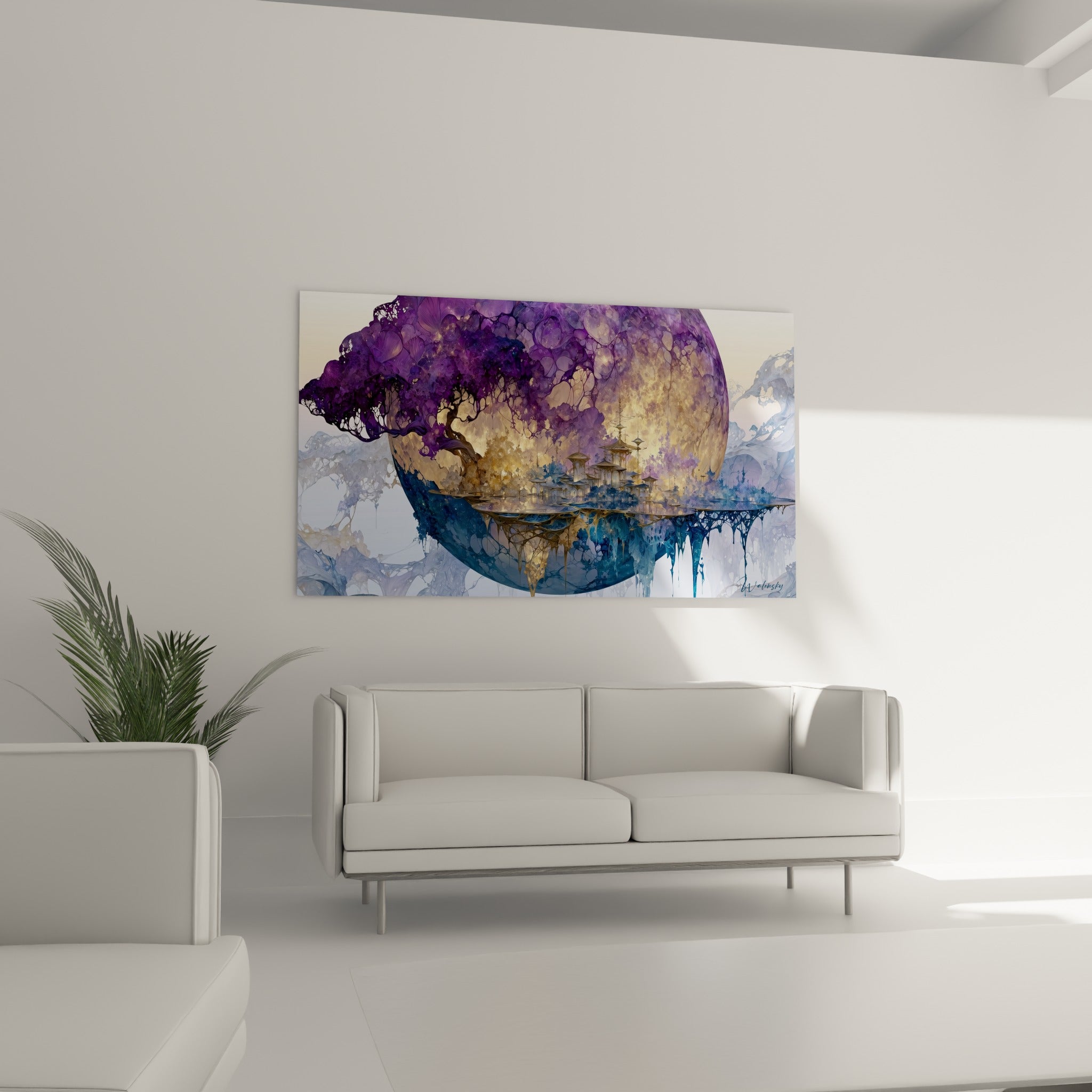 Monde flottant bleu pétrole et doré aux pagodes miniatures, au-dessus d'un canapé dans un salon lumineux