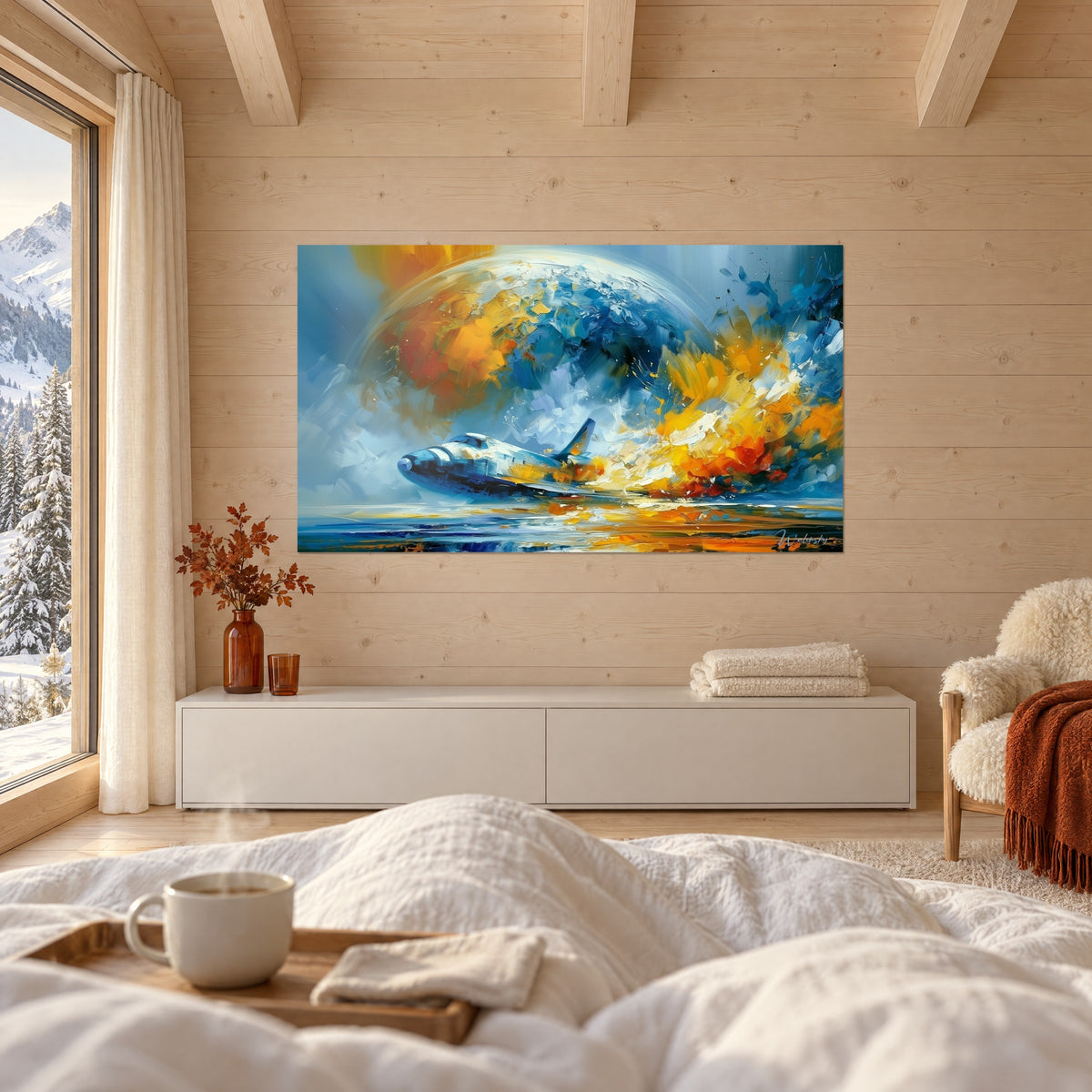 Tableau vaisseau de rentrée entouré de flammes orange et d'écume bleue, couple de dos, au-dessus d'un lit dans une chambre claire