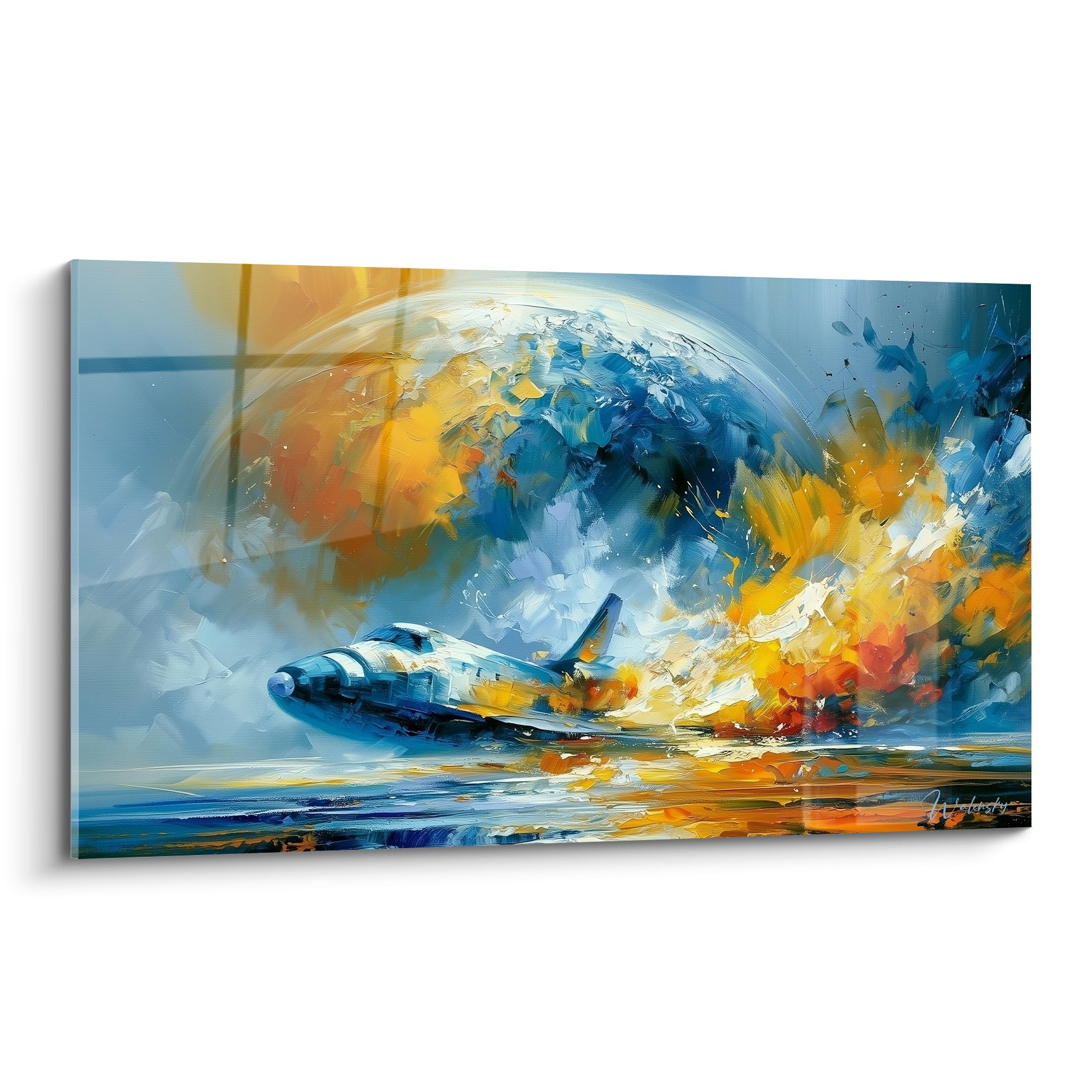 Navette spatiale bleu marine traversant un halo orange et doré, style expressionniste éclatant