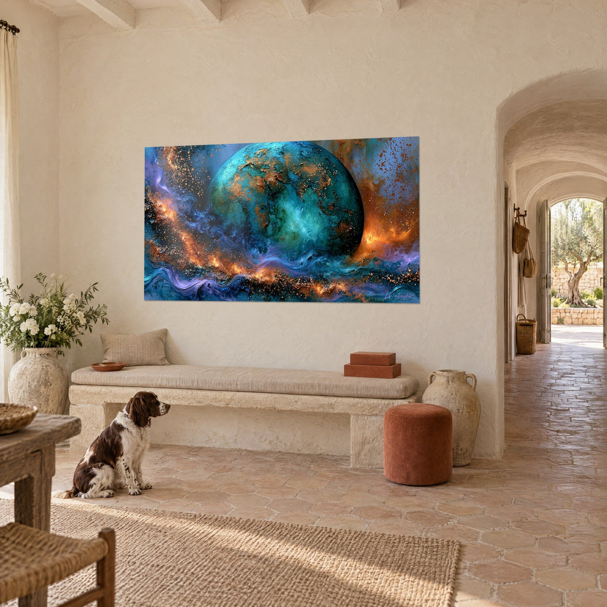 Gemälde Planet in Blaugrün mit goldenen Reliefs, orangefarbenen Funkenwellen, ein Spaniel sitzt neben einer Bank in einem provenzalischen Mas