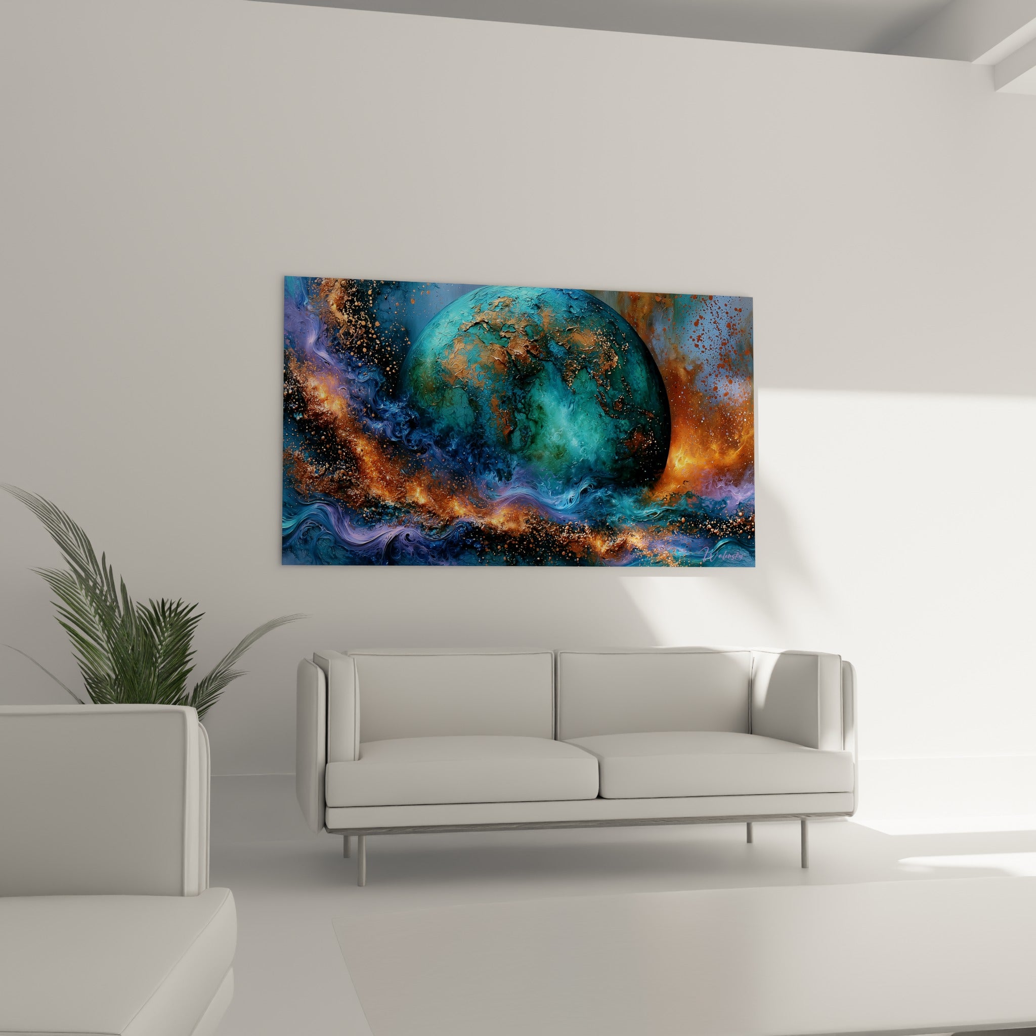 Composition cosmique bleu profond et cuivrée disposée au-dessus d'un canapé dans un salon lumineux