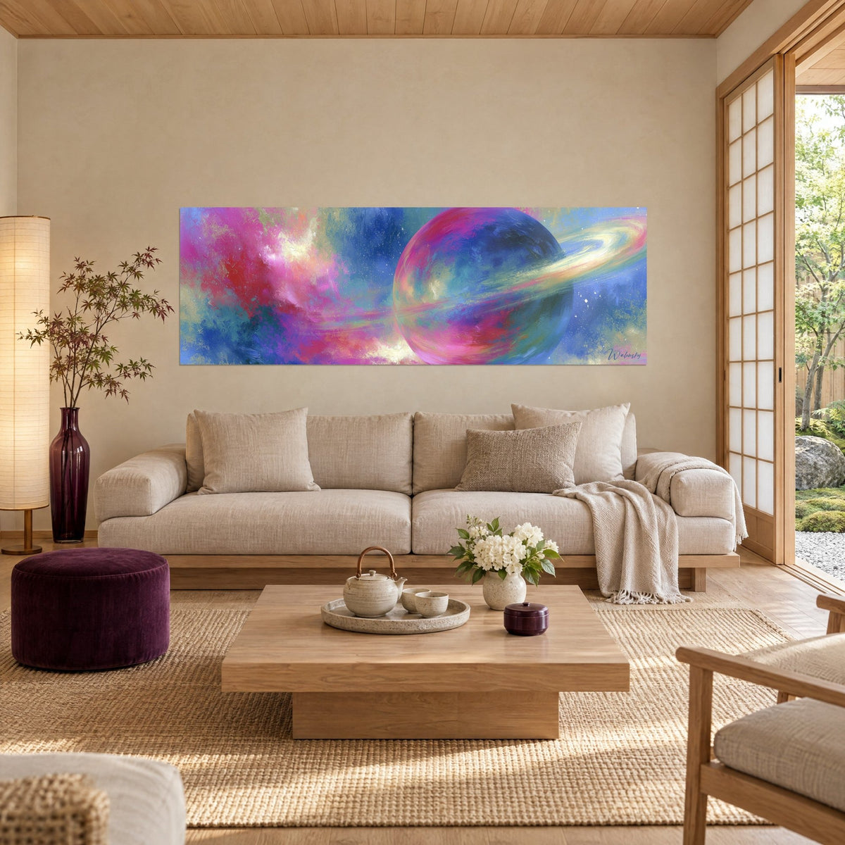 Gemälde Ringplanet in Kobaltblau und Fuchsiarosa, goldener schimmernder Ring vor einem Nebel, über einem Sofa in einem hellen Wohnzimmer