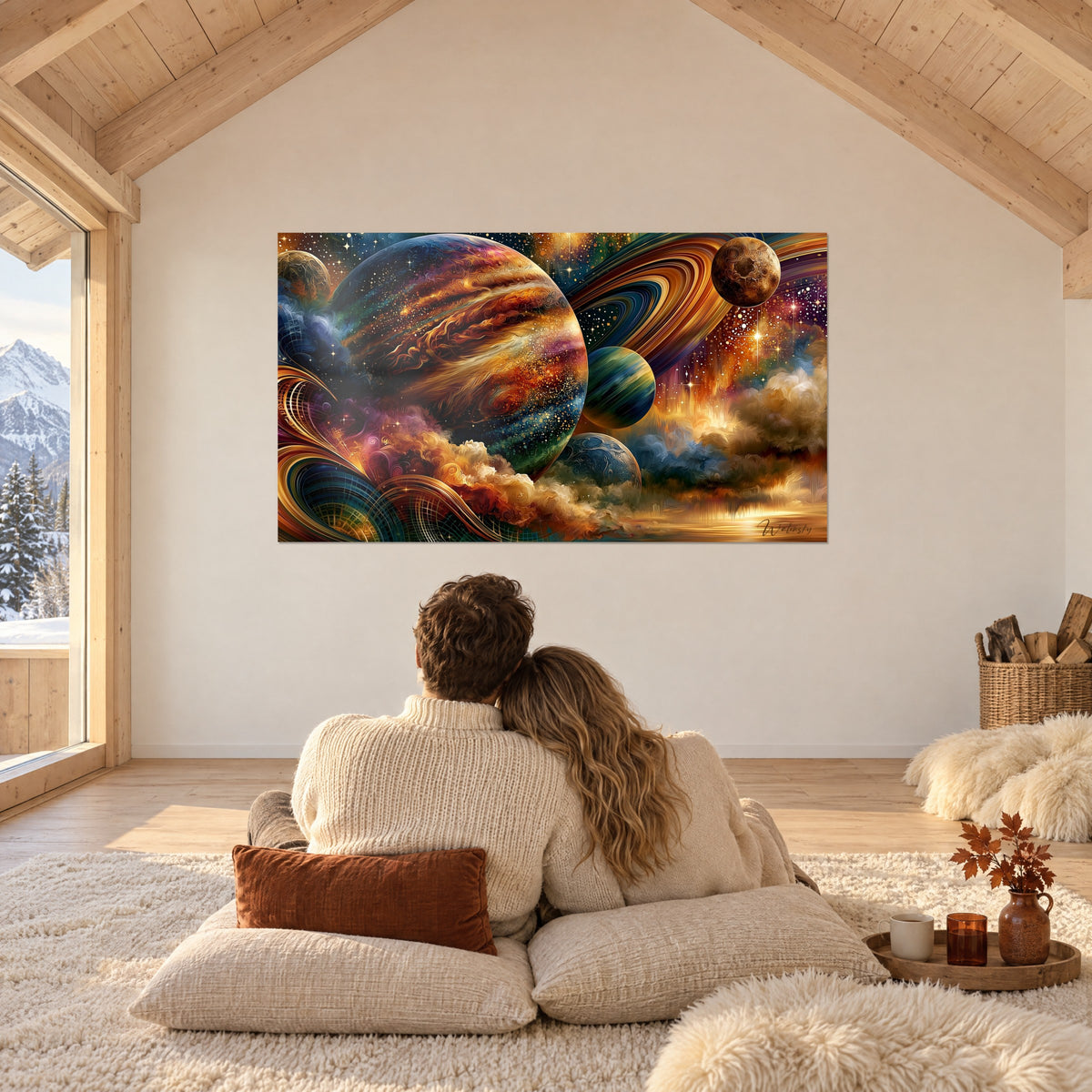 Tableau planète aux anneaux ambrés, lunes ocre et bleutées, brume dorée, face à un couple assis sur des coussins crème au chalet