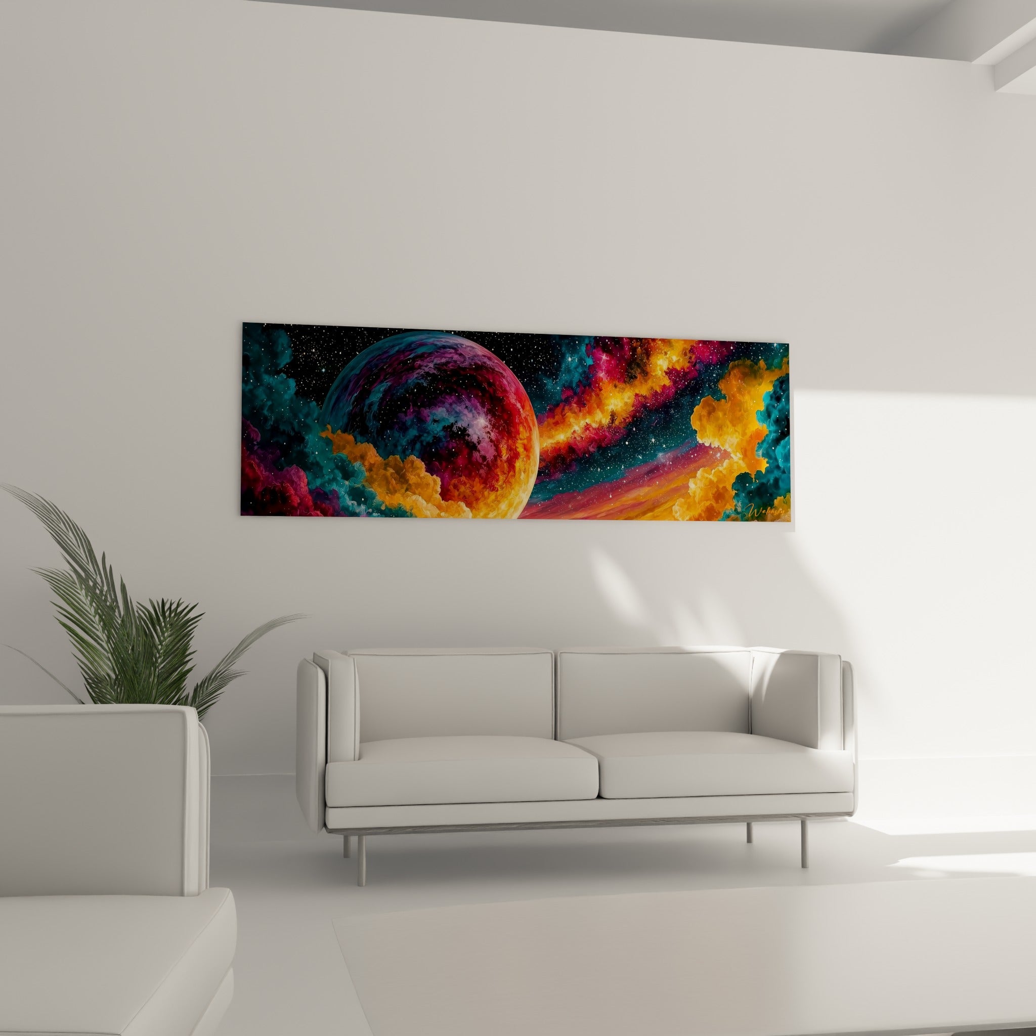 Nébuleuse orange et violette entourant une planète, accrochée au-dessus d'un canapé dans un salon lumineux
