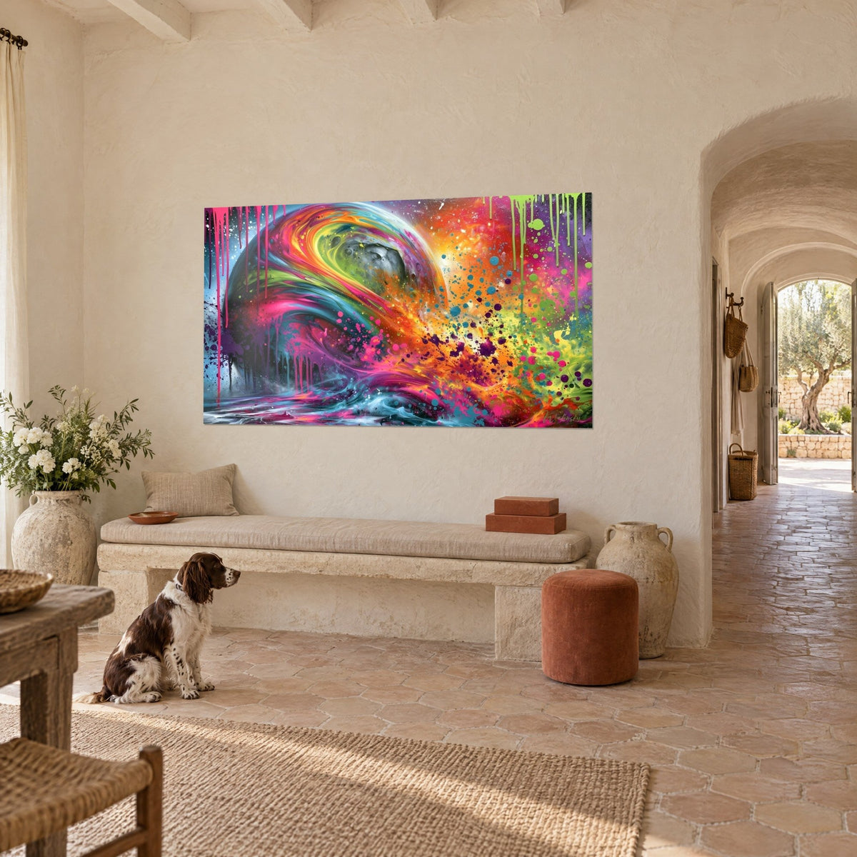Quadro di un globo lunare grigio catturato da una spirale verde anice e magenta, schizzi turchesi, panca in pietra, spaniel seduto