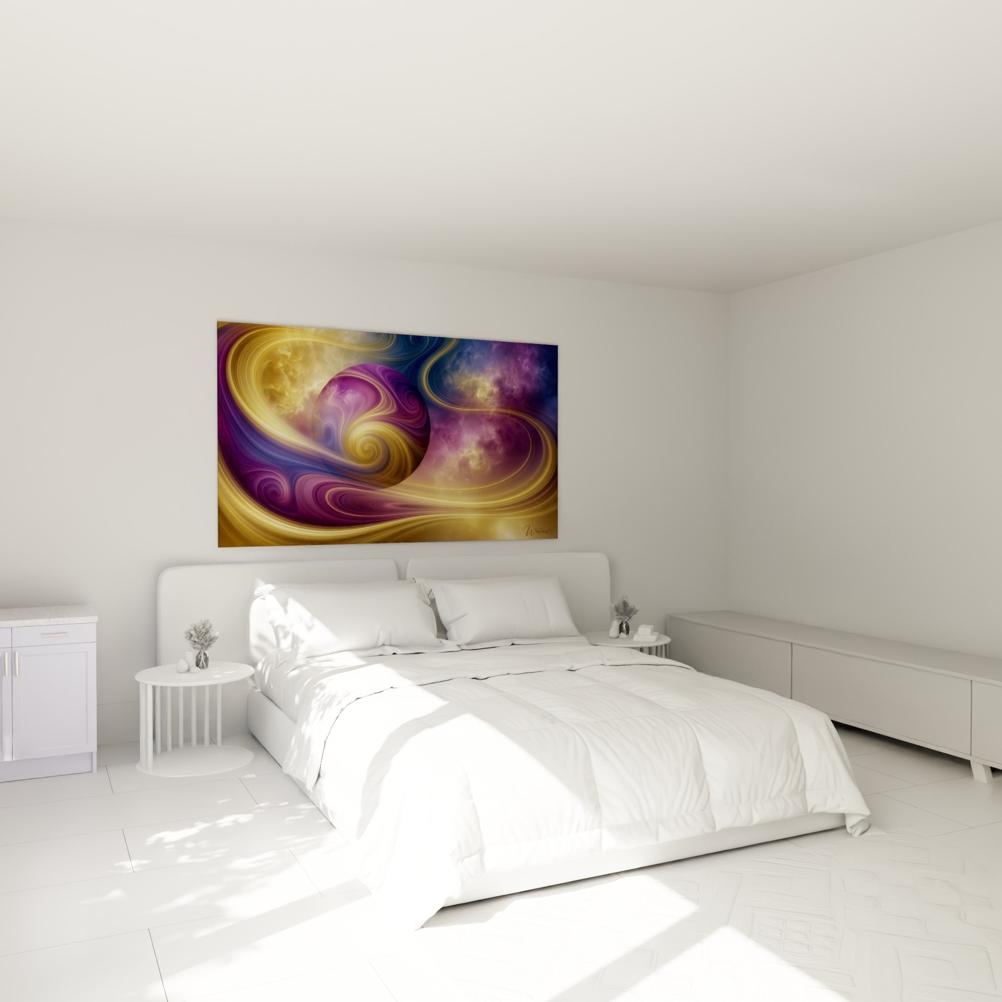 Nébuleuse pourpre et volutes dorées de cette planète accrochée au-dessus d'un lit dans une chambre claire