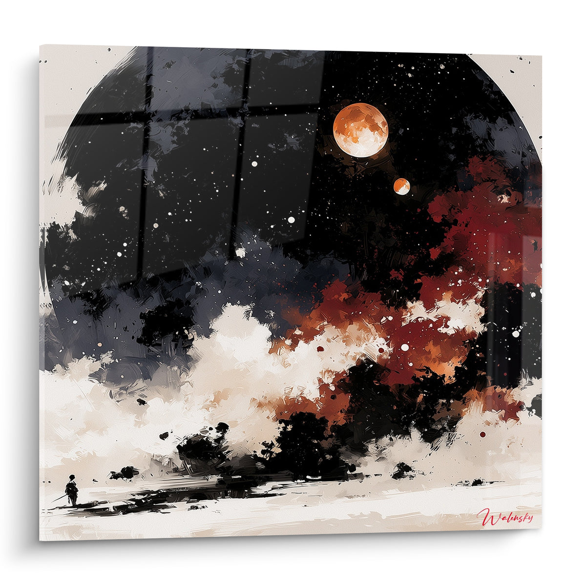 Nébuleuse noire et terracotta avec deux planètes orangées et silhouette solitaire au sol