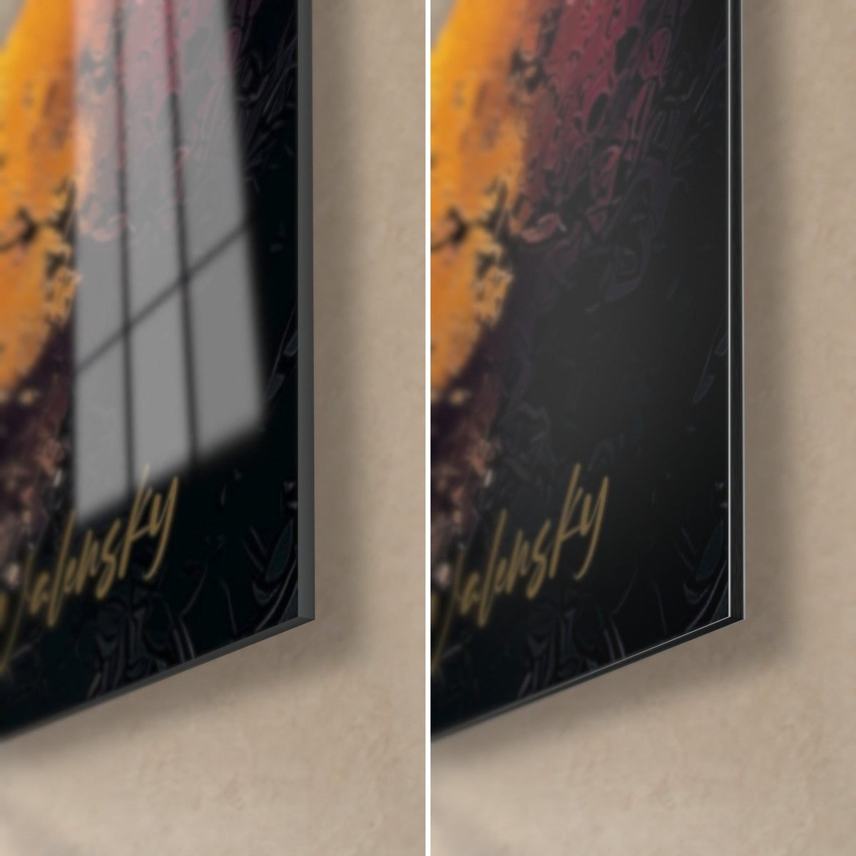 Wall art black planet with gold splashes, bottom right corner: glossy glass with reflections, matte Dibond, 3 mm edge