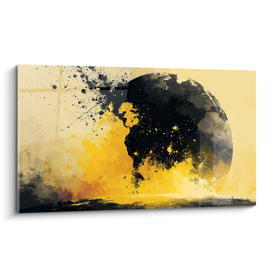 Tableau Sphère noire et jaune aux éclaboussures d'encre - Silhouette éruptive lunaire - Edition Planète