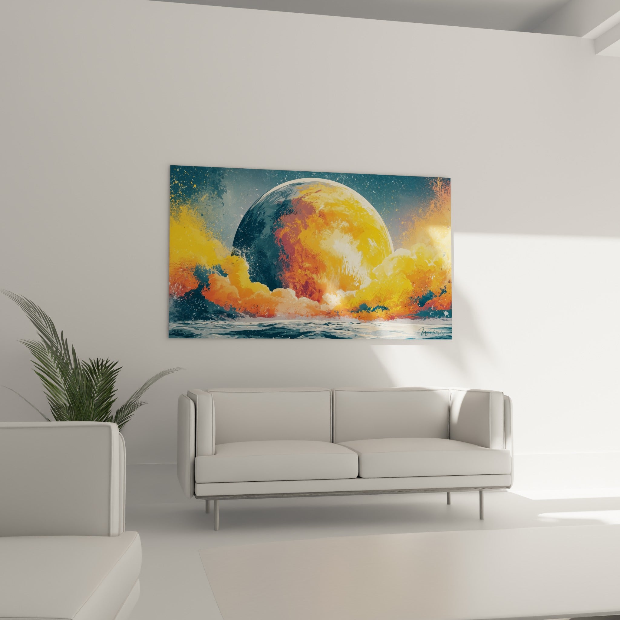 Astre doré émergeant d'une brume orange et bleu marine, au-dessus d'un canapé dans un salon lumineux